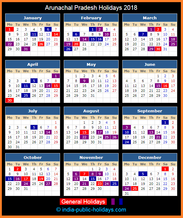 Arunachal Pradesh Holiday Calendar 2018